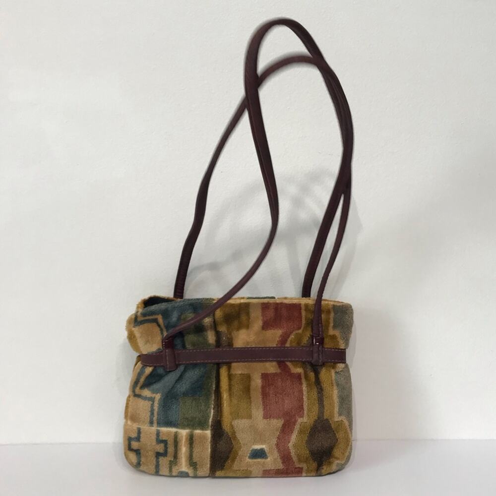 Vintage 70s Carpet Bag Purse Patchwork Southwestern Double Shoulder Strap Tan - Picture 5 of 15
